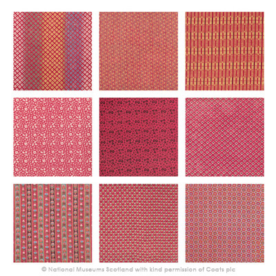 Nine samples of printed cotton and paper designs from National Museums Scotland Turkey red Collection totalling 40,000, made in Dunbartonshire, Scotland.