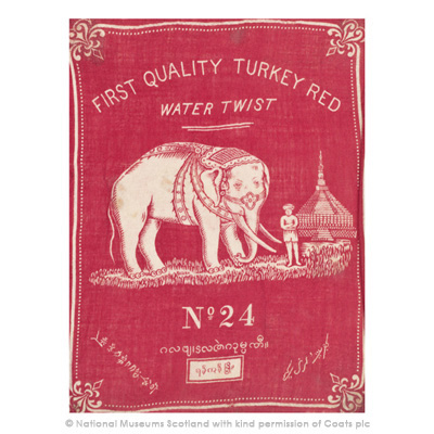 'First Quality Turkey Red' design by John Orr Ewing and Co. from National Museums Scotland Turkey red Collection totalling 40,000, made in Dunbartonshire, Scotland.