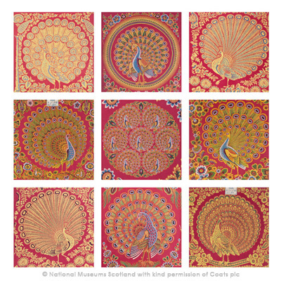Nine samples of printed cotton and paper designs from National Museums Scotland Turkey red Collection totalling 40,000, made in Dunbartonshire, Scotland.