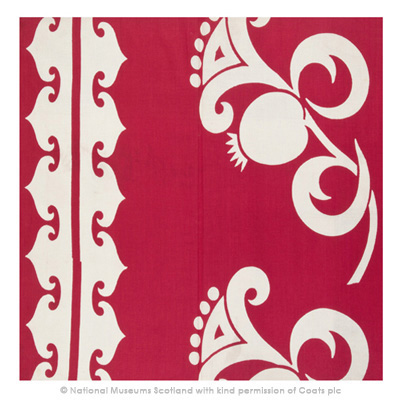 Floral motif design by John Orr Ewing and Co. from National Museums Scotland Turkey red Collection totalling 40,000, made in Dunbartonshire, Scotland.