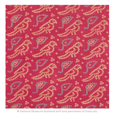 Bird design printed on cotton from National Museums Scotland Turkey red Collection totalling 40,000, made in Dunbartonshire, Scotland.